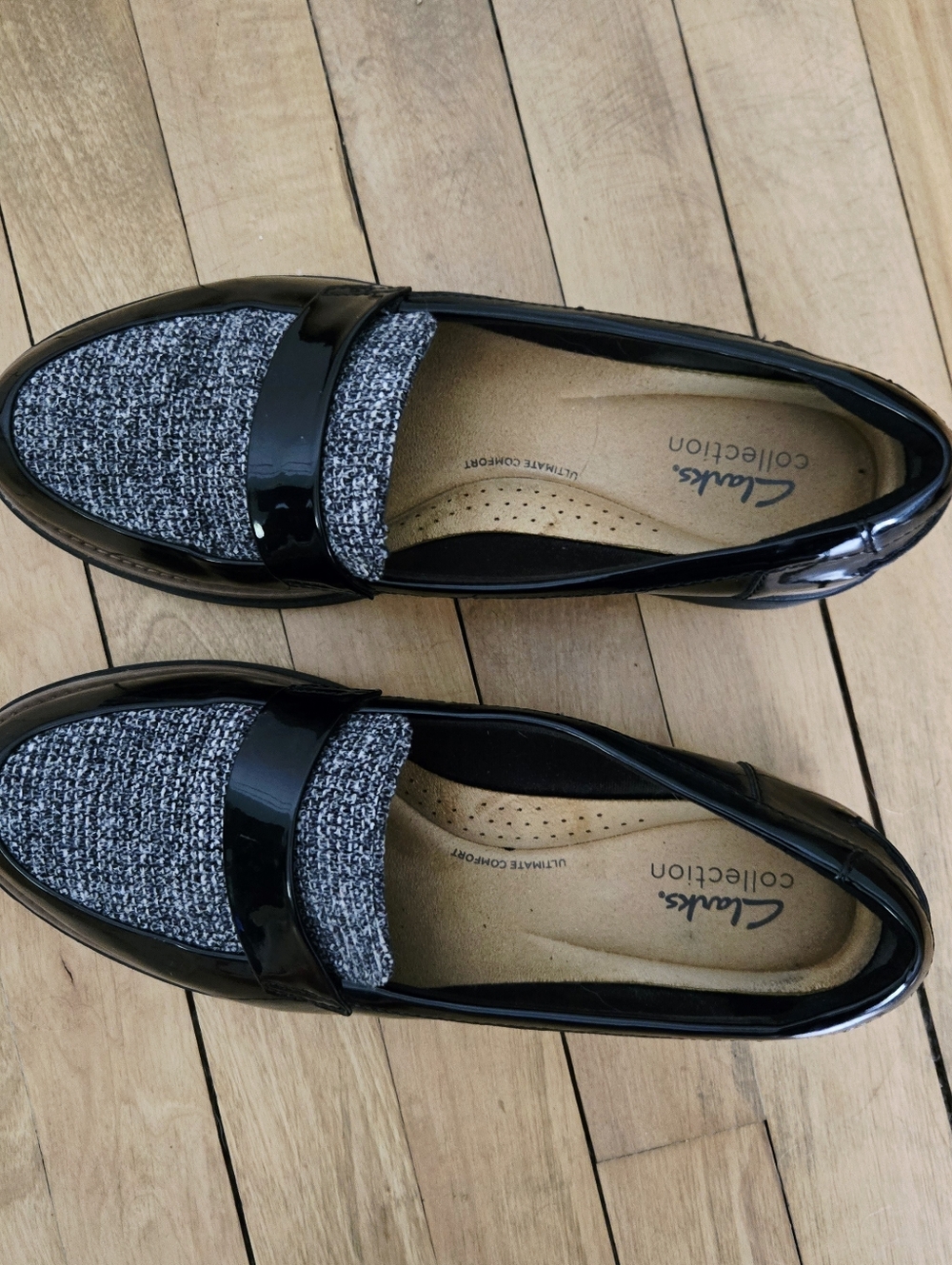 Clarks Women's Sharon Gracie Penny Loafers in Black Patent Combi Tweed, size 9 - Picture 7 of 12